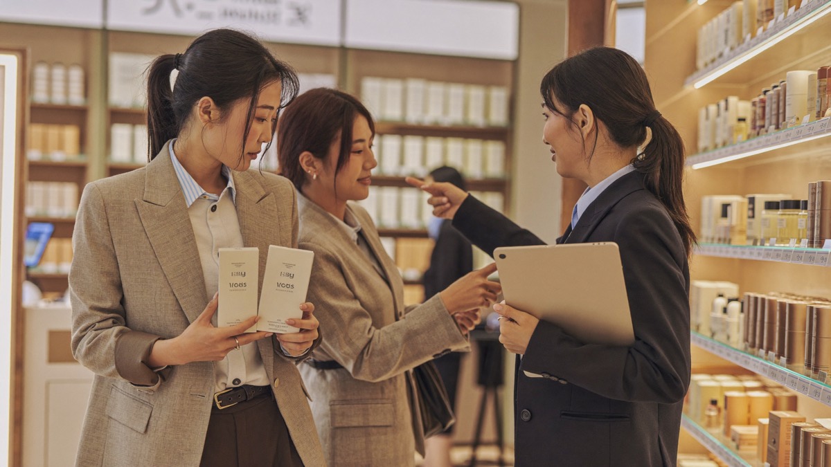 Three marketers reviewing a product at a Japanese cosmetics counter